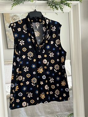 Anne Klein Black Floral Sleeveless V-Neck Camisole with Blue & Mustard Accents